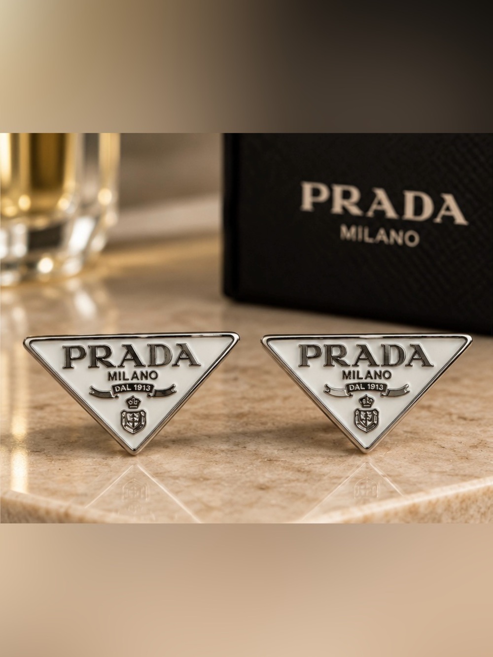 Silver Tone Triangle Logo Stud Earrings White Enamel Designer Inspired